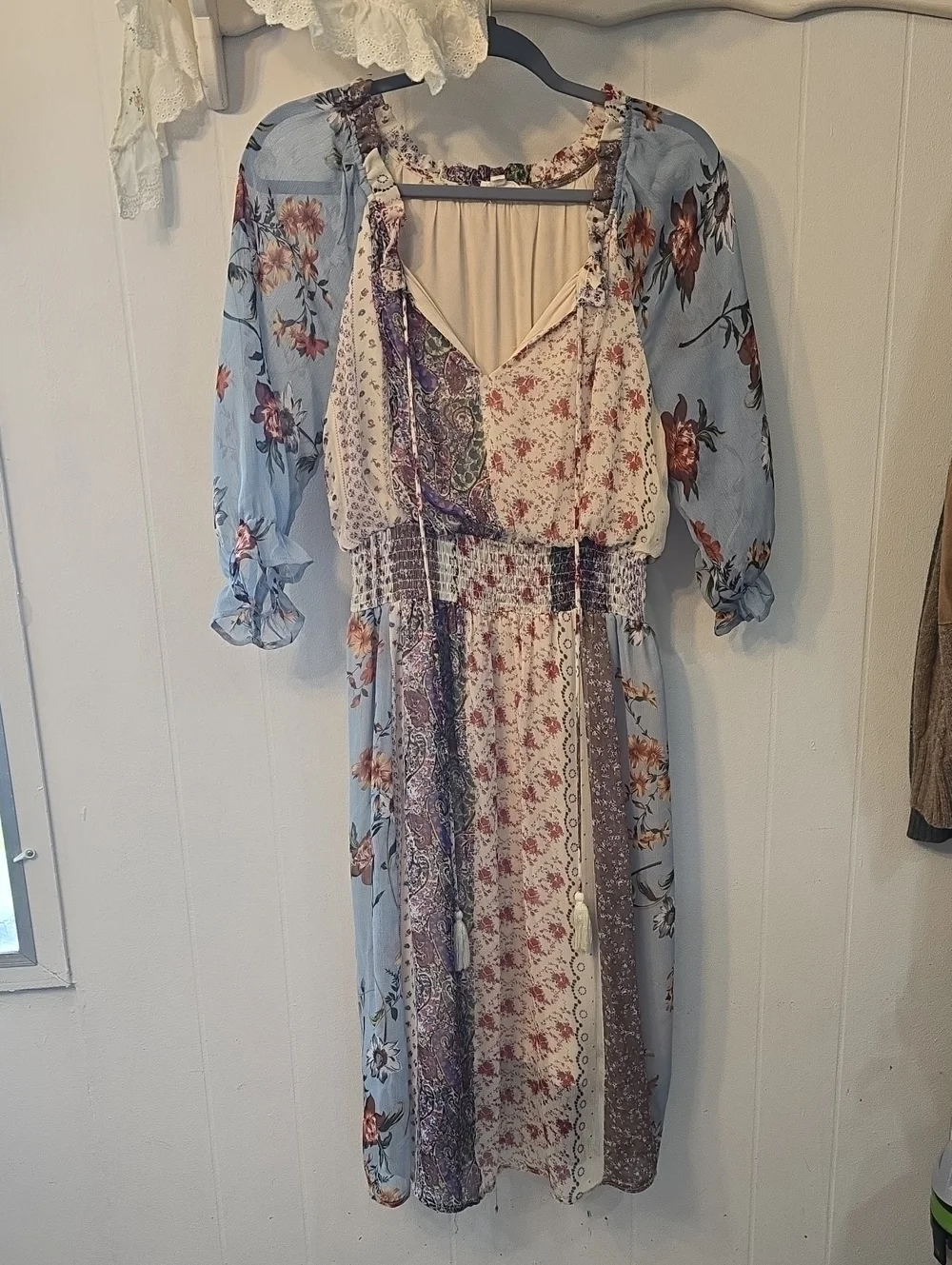 Boho Floral Patchwork Midi Dress in Light Blue